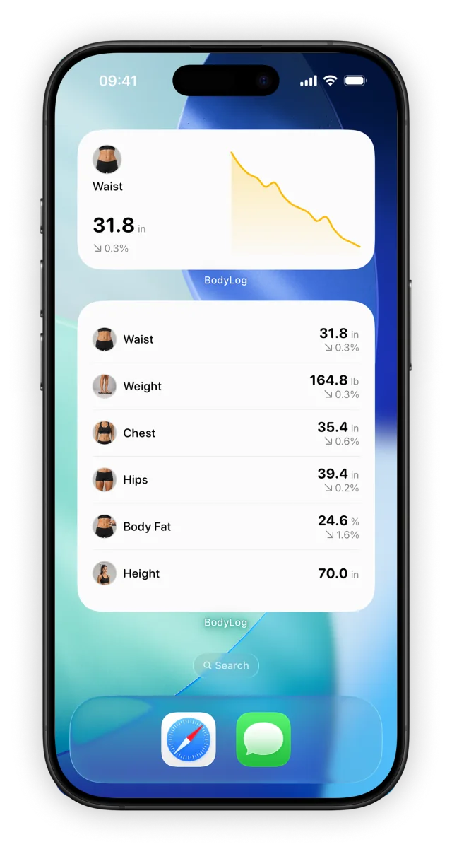BodyLog measurement widgets on an iPhone Home Screen, with the interface in English.