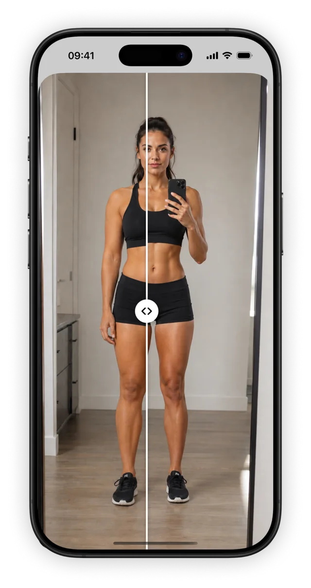 BodyLog progress photo comparison on iPhone, with the interface in English.
